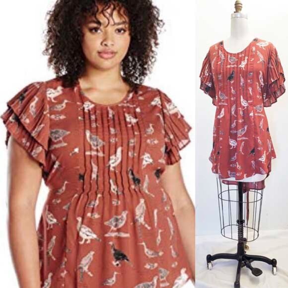 Melissa McCarthy Seven 7 Womens Bird print Pleated Ruffle Sleeve Top Blouse 2X - Picture 1 of 11